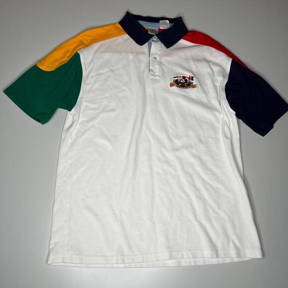 Vintage Disney Store Colorblock Polo Shirt Men’s L White Multicolor Mickey Motor - Picture 1 of 7